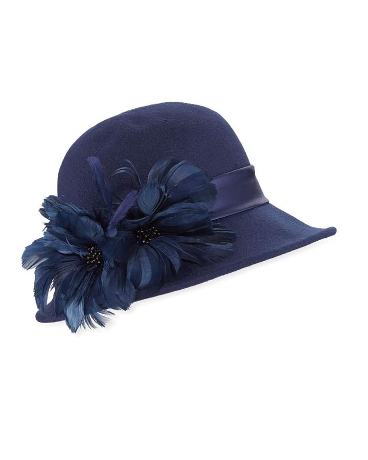 Felt Cloche Hat With Feather Flowers