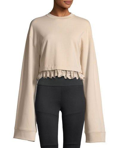 Extended-sleeve Cropped Sweatshirt, Beige