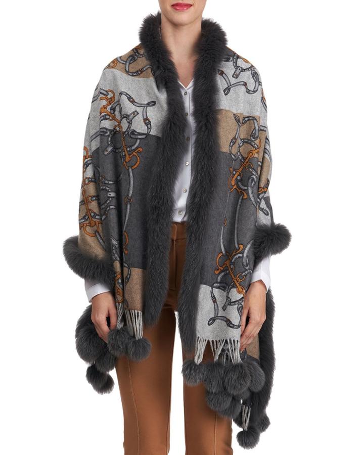 Double-face Cashmere Stole With Fox Fur Trim