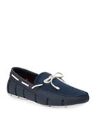 Mesh & Rubber Braided-lace Boat Shoe, Navy/white