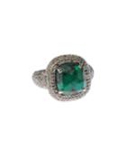 Square Silver Ring With Emeralds & Pave Diamonds,