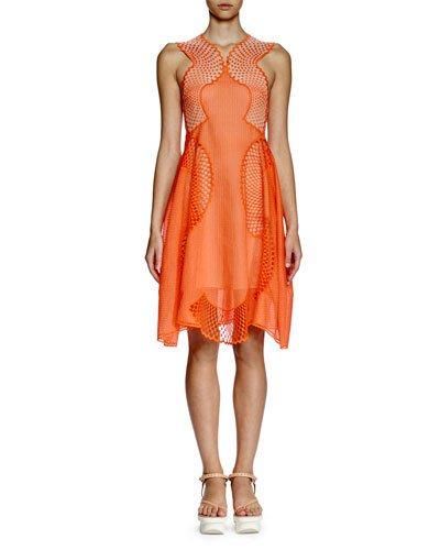 Sleeveless Mesh-inset Dress, Orange