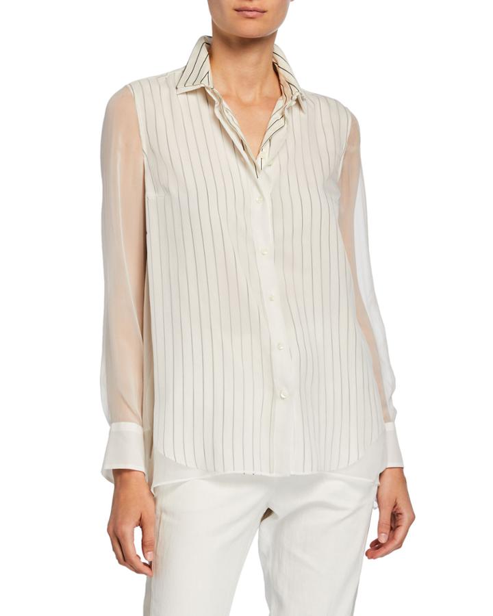 Silk Striped Translucent Long-sleeve Blouse