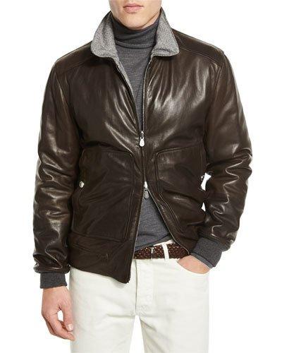 Reversible Leather & Herringbone Bomber Jacket, Espresso