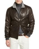Reversible Leather & Herringbone Bomber Jacket, Espresso