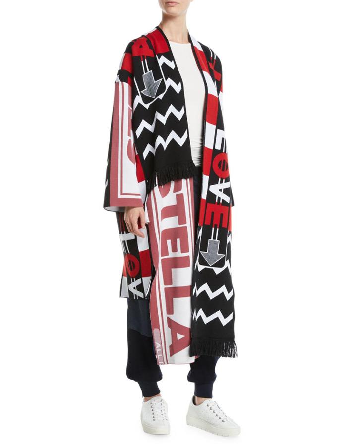 Logo-knit Belted Long Cardigan Coat W/ Fringe