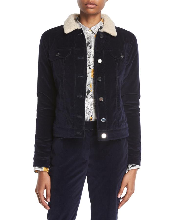 Button-front Stretch-corduroy Jacket W/ Teddy Cashmere