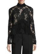 Karenza Long-sleeve Lace Top With Ruffled Trim