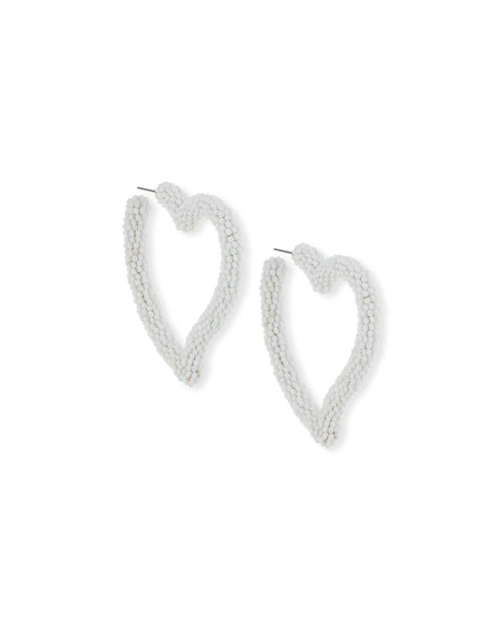 Seed Bead Heart Hoop Earrings, White