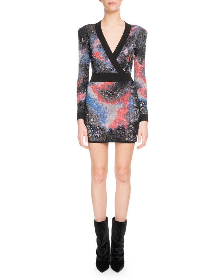 Long-sleeve Deep-v Constellation-print Mini Cocktail Dress