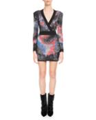Long-sleeve Deep-v Constellation-print Mini Cocktail Dress