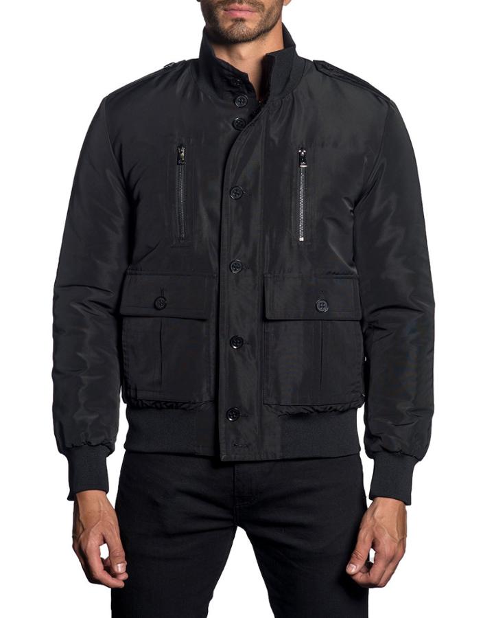 Semi-fitted Stand Collar Military Jacket, Black