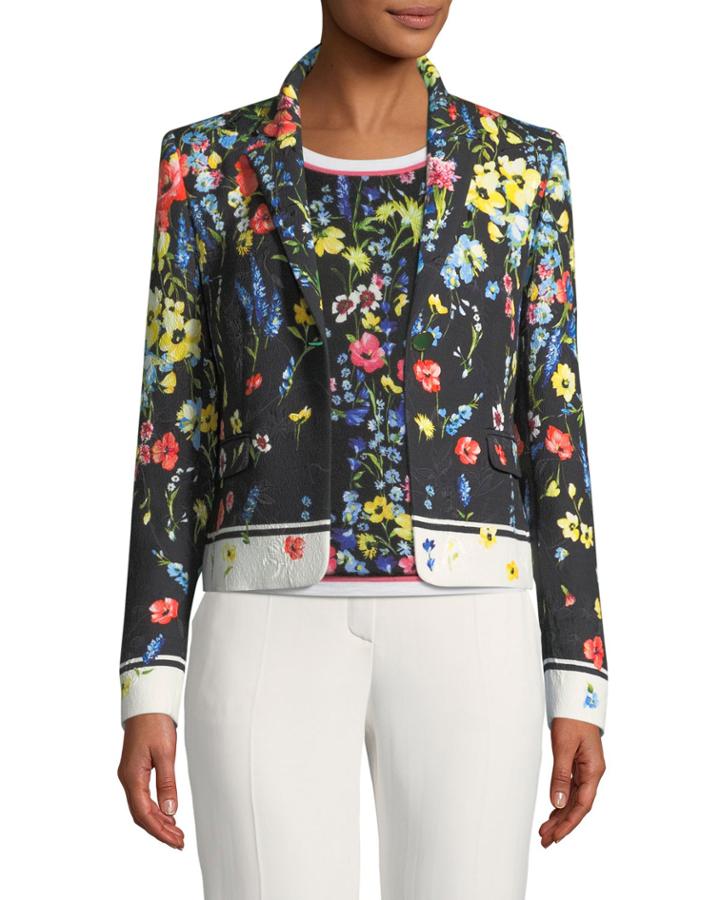 One-button Floral-print Matelasse Jacket