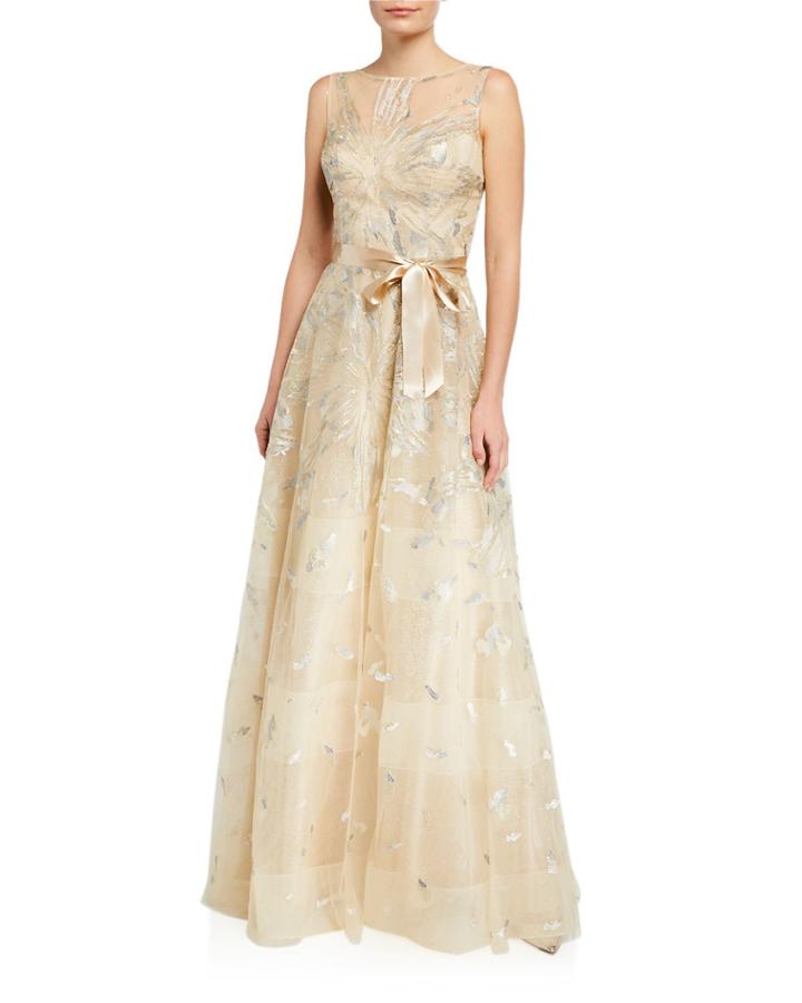 Leaf Pattern Organza Sleeveless A-line Gown