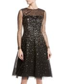 Long-sleeve Sequined Mesh A-line Dress