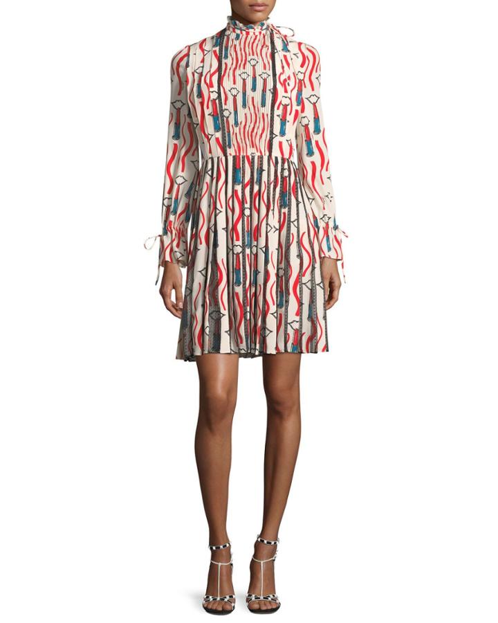 Mock-neck Long-sleeve Crepe De Chine Lipstick-print Dress