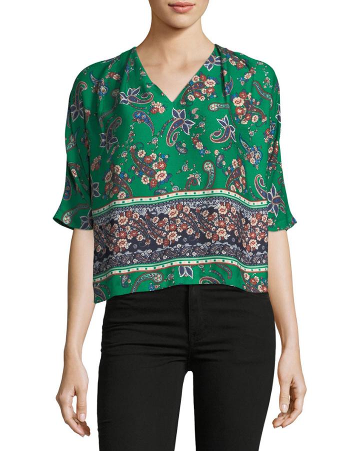 V-neck Side-ties Top, Green Pattern