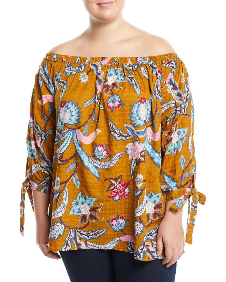 Off-the-shoulder Floral-print Tie-sleeve Blouse