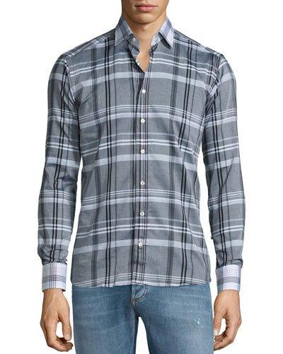Plaid Sport Shirt With Contrast Collar,