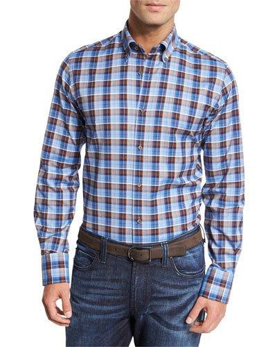 Plaid Cotton Sport Shirt, Blue/brown