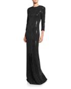 Paillette Pinstripe 3/4-sleeve Column Gown With Back