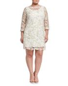 Floral Lace-overlay Dress, Gold,