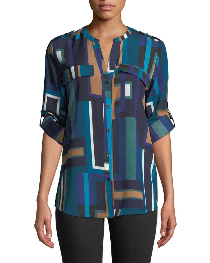 Abstract V-neck Button-down Top