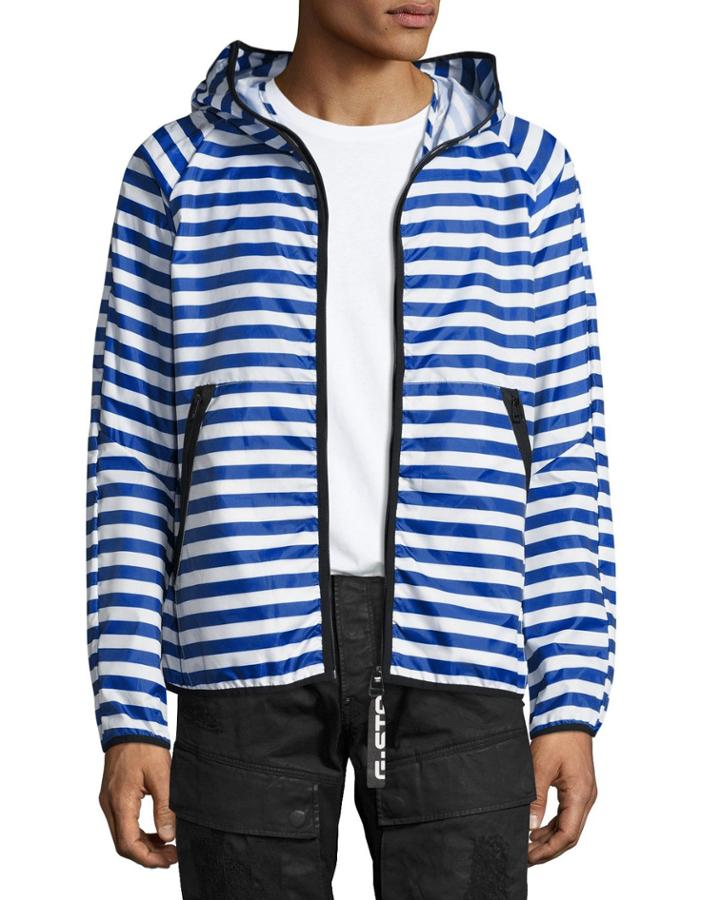Strett Striped Hooded Zip-front Jacket With Gym Bag, Blue/white