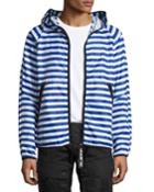 Strett Striped Hooded Zip-front Jacket With Gym Bag, Blue/white