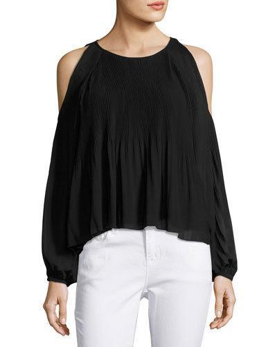 Pleated Chiffon Cold-shoulder Blouse