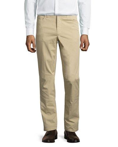 Cotton Twill Straight-leg Pants, Khaki