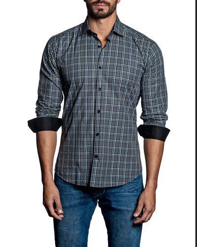 Plaid Sport Shirt W/ Contrast Cuffs, Charcoal