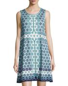Tile-print Trapeze Dress, Blue Pattern