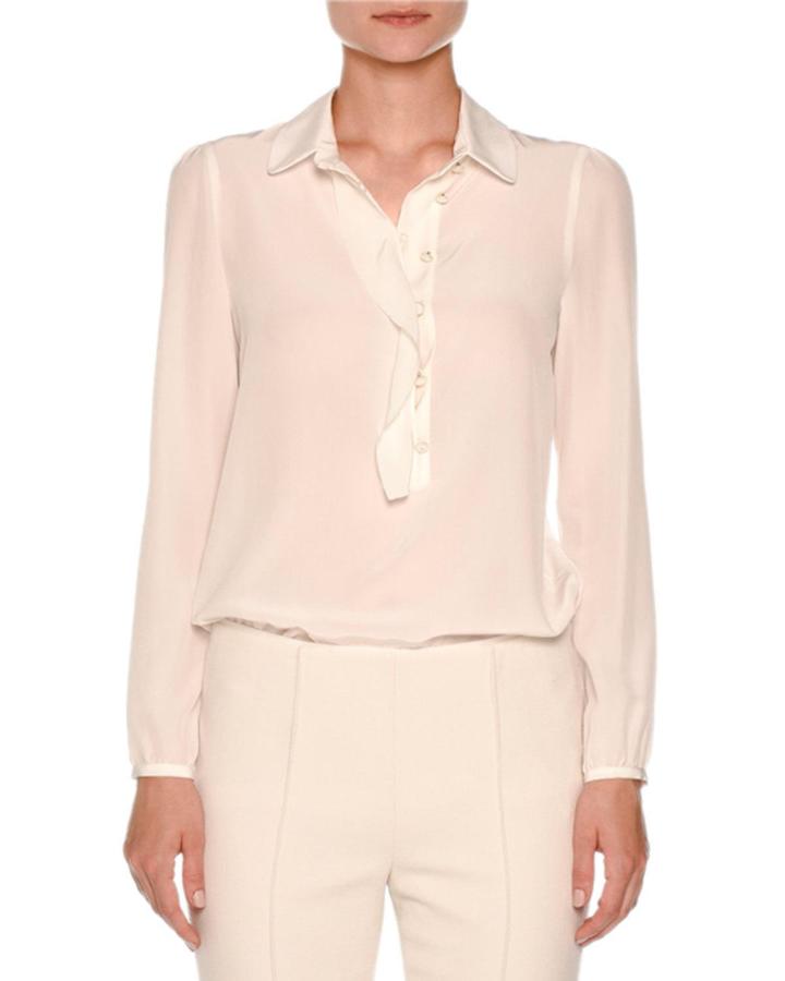 Ruffle-placket Silk Blouse, White