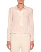 Ruffle-placket Silk Blouse, White