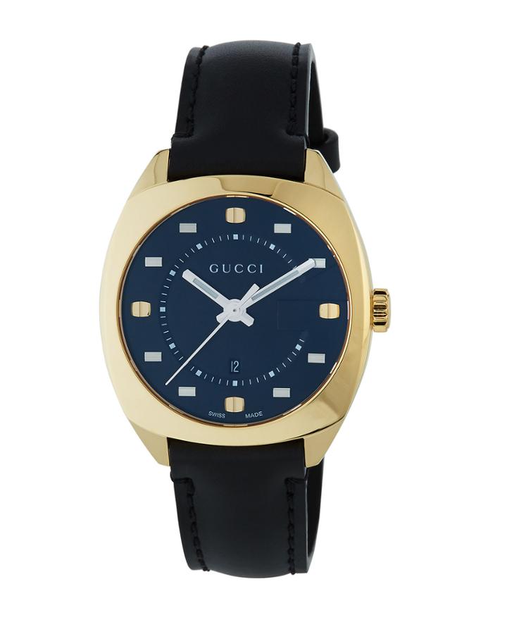 37mm Date Watch W/ Leather Strap, Gold/black