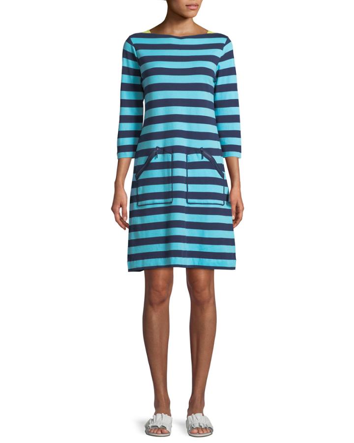 3/4-sleeve Striped Cotton Shift Dress,