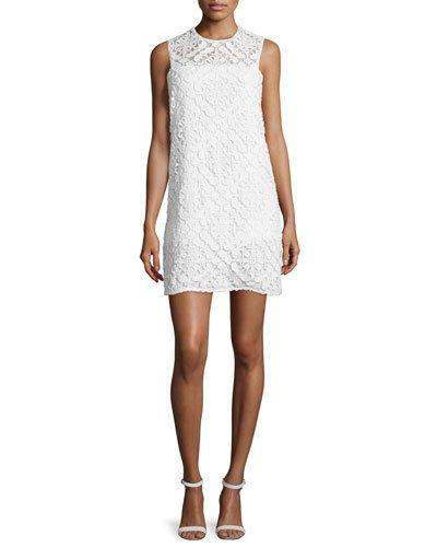 Sleeveless Jewel-neck Lace Dress, Off White
