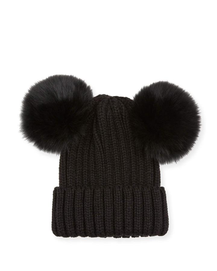 Knit Beanie W/ Double Fur Pompoms