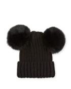 Knit Beanie W/ Double Fur Pompoms