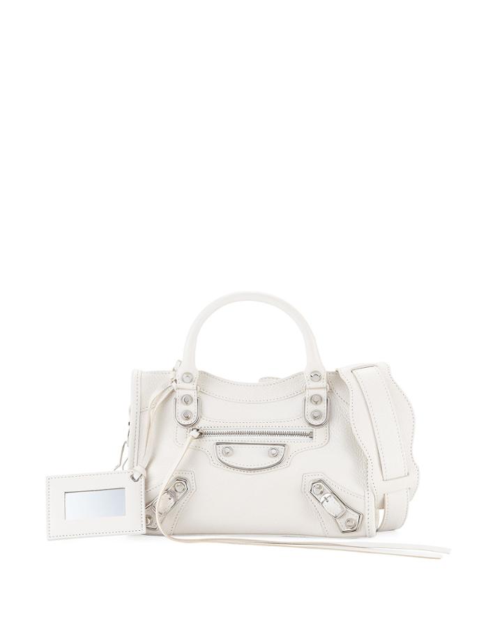 Metallic Mini City Leather Bag, White