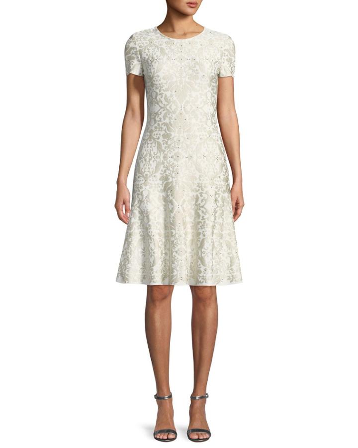 Gold-leaf Brocade Short-sleeve Flare Dress
