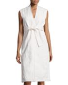 Celine Linen Tie-neck Long Vest, White, Women's,