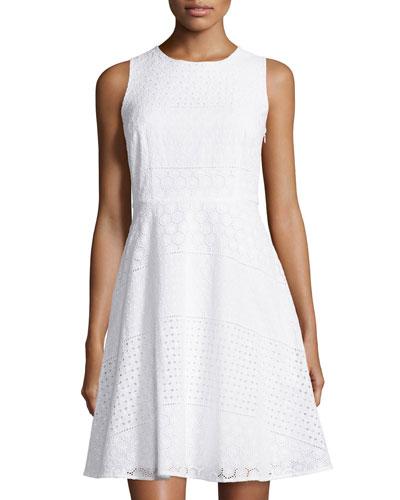 Sleeveless Eyelet Fit-and-flare Dress, White