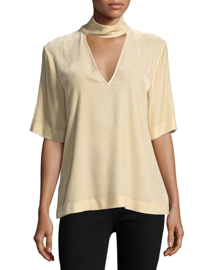 Split-collar V-neck Velvet Top