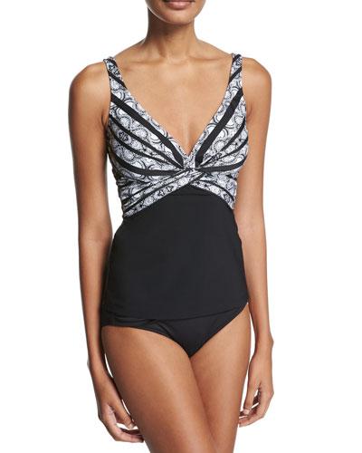 V-neck Tankini Swim Top, Black/white