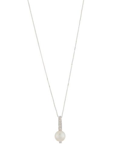 14k White Gold Pave Diamond & Pearl Pendant Necklace,