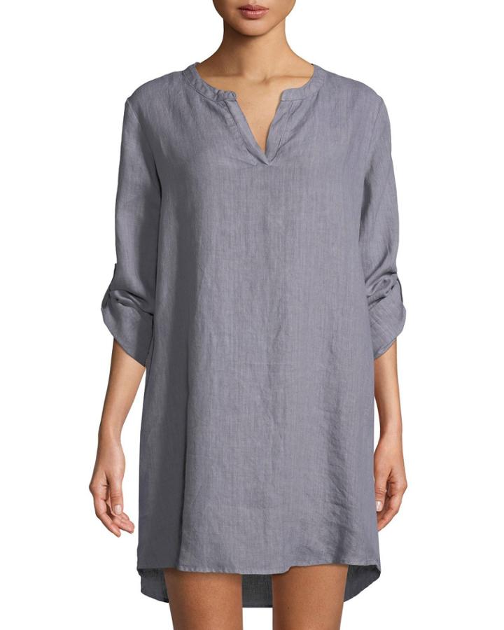 Linen Roll-sleeve Tunic Dress