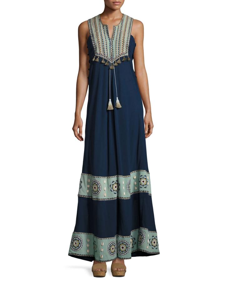 Embroidered Cotton-silk Sleeveless Maxi Dress, Navy