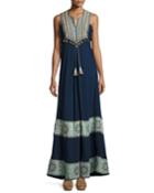 Embroidered Cotton-silk Sleeveless Maxi Dress, Navy